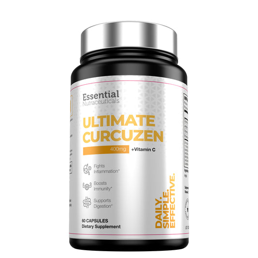 Ultimate Curcuzen 400mg + Vitamina C frente del frasco - Essential Nutraceuticals 60 capsulas antiinflamatorio